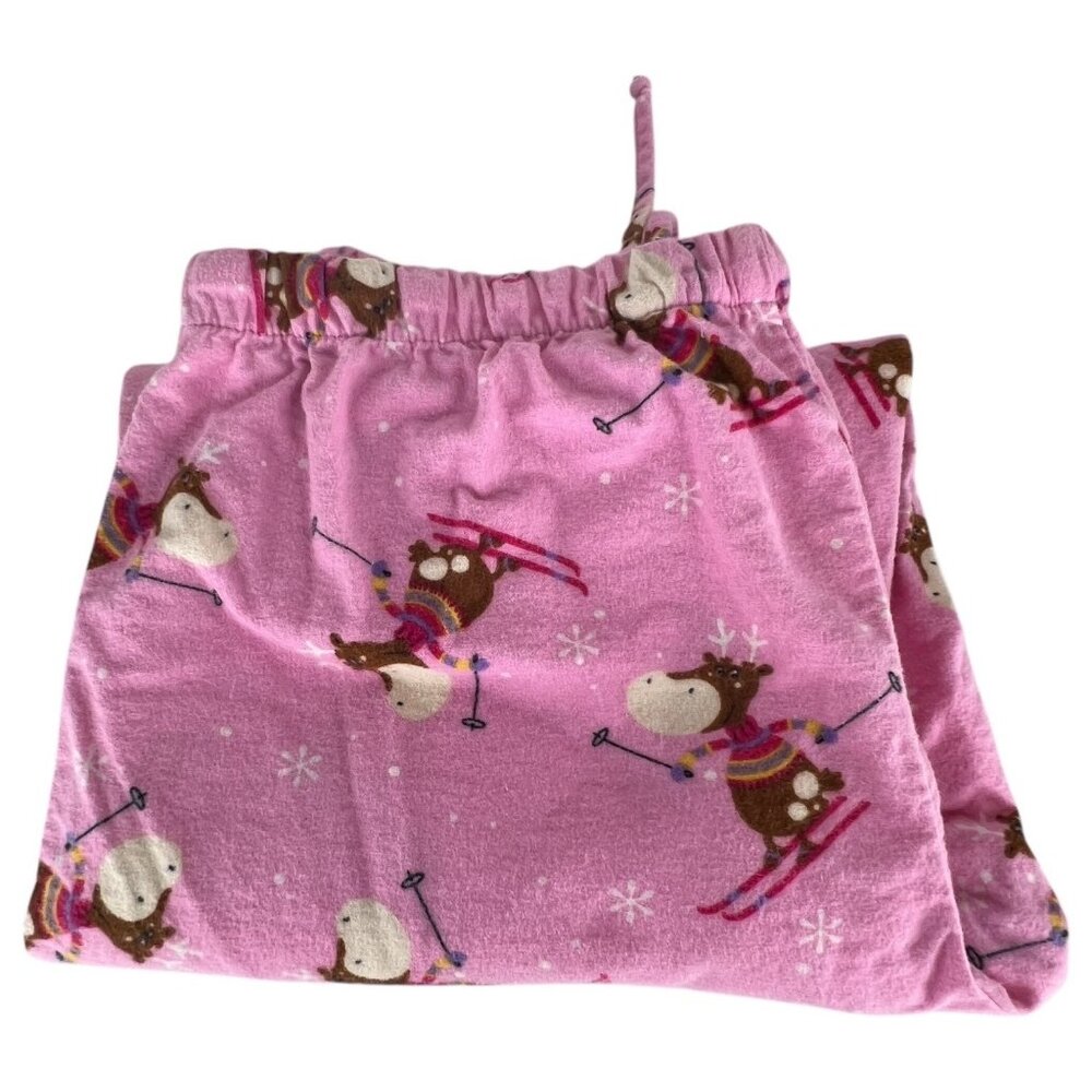 Womens Pink Skiing Moose Pajama Set Cotton Flannel By Character Size Large - Picture 7 of 11